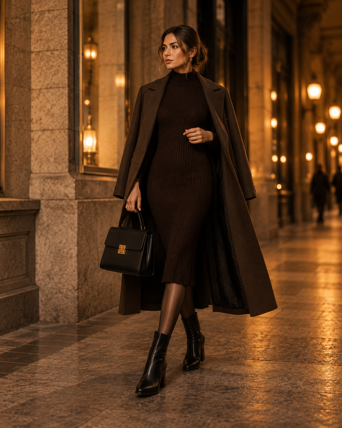 Elegantný jesenný outfit so šatami dlhým kabátom a členkovými čižmami