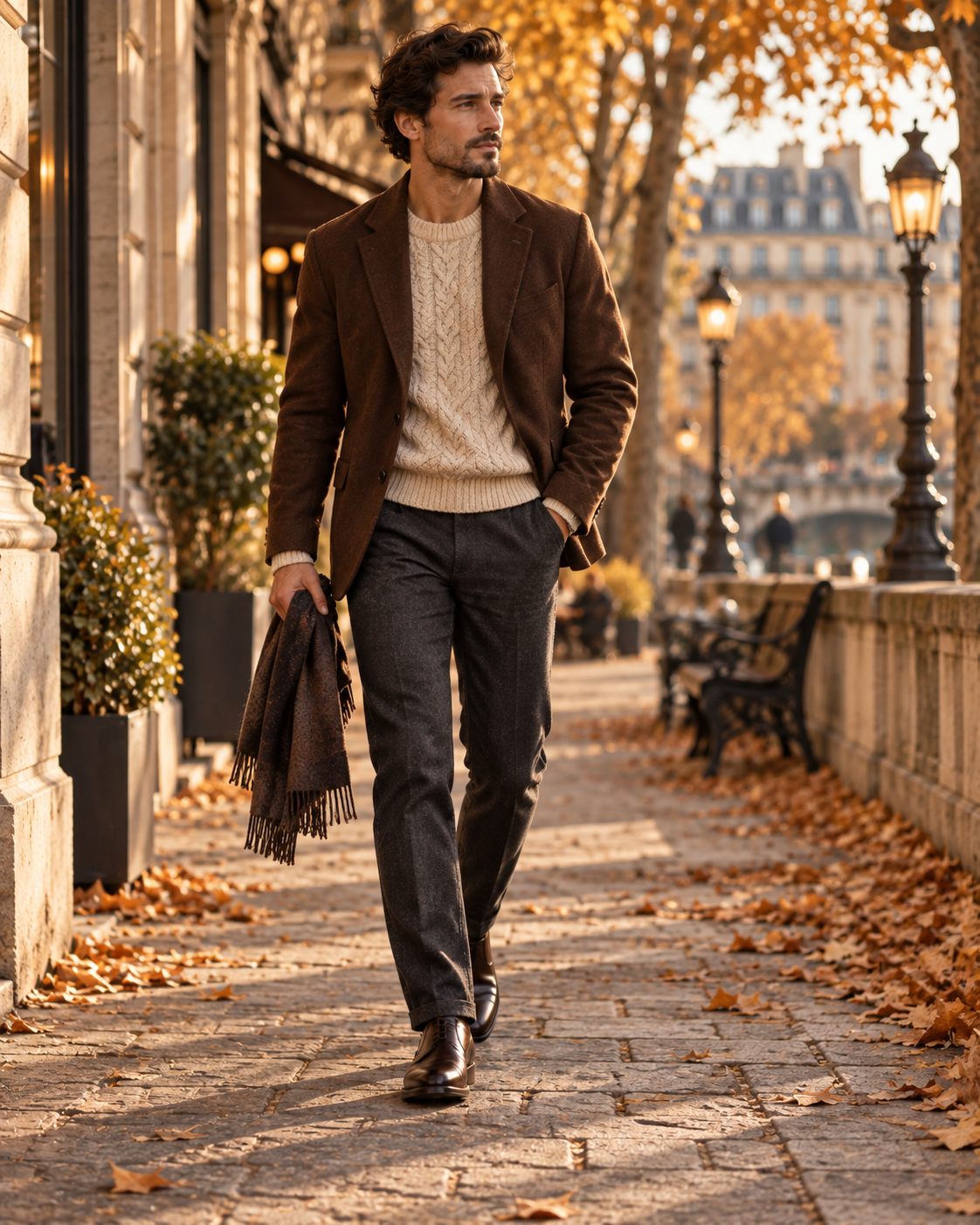 Pánsky smart casual outfit s hnedým sakom svetlým svetrom a nohavicami